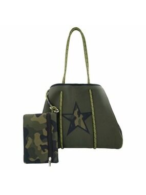 NWT BC Handbags Greyson Tote in Olive Green Camo Star Garrison Neoprene Tote Bag